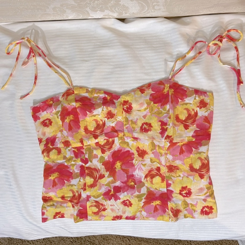 NWT Old Navy Women Medium Cropped Pink Floral Linen-Blend Tie Shoulder Tank Top